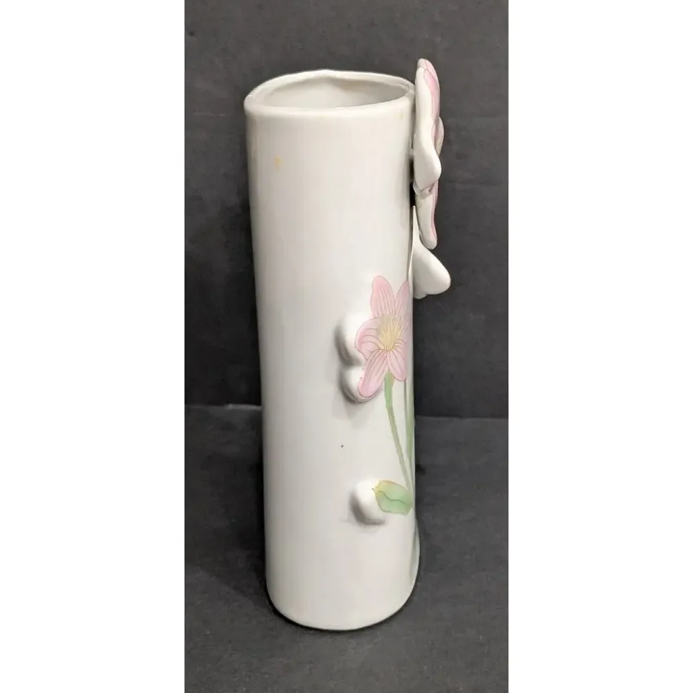 Vintage 3D Porcelain Bud Vase Pink Lily Butterfly Applied Flower Ceramic 5.5